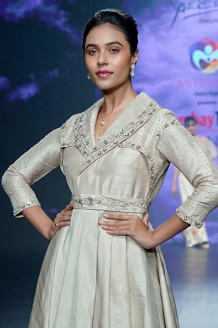 Light Gold Raw Silk Sequins Embroidered High-Low Wedding Gown With Belt by Yaksi Deepthi Reddy at Pernia's Pop Up Shop