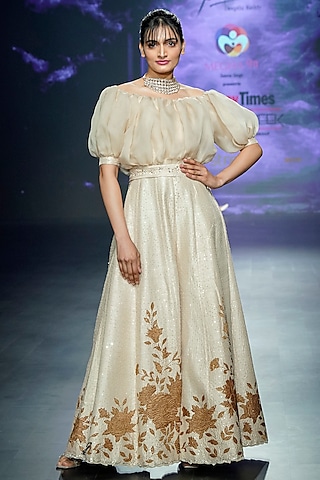 Light Gold Falling Raw Silk & Organza Jumpsuit  by Yaksi Deepthi Reddy