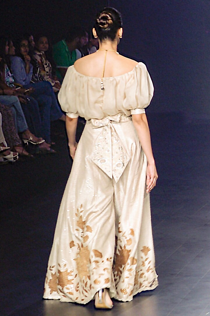 Light Gold Falling Raw Silk & Organza Jumpsuit by Yaksi Deepthi Reddy at Pernia's Pop Up Shop