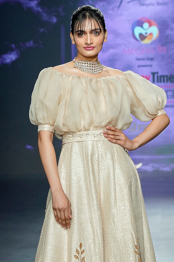 Light Gold Falling Raw Silk & Organza Jumpsuit by Yaksi Deepthi Reddy at Pernia's Pop Up Shop