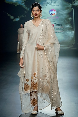Light Gold Tussar Applique Embroidered Kurta Set by Yaksi Deepthi Reddy