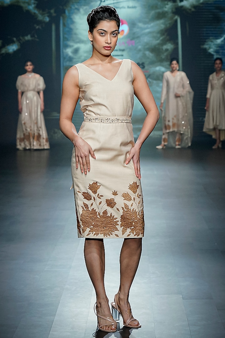 Light Gold Tussar Applique Embellished Bodycon Dress by Yaksi Deepthi Reddy