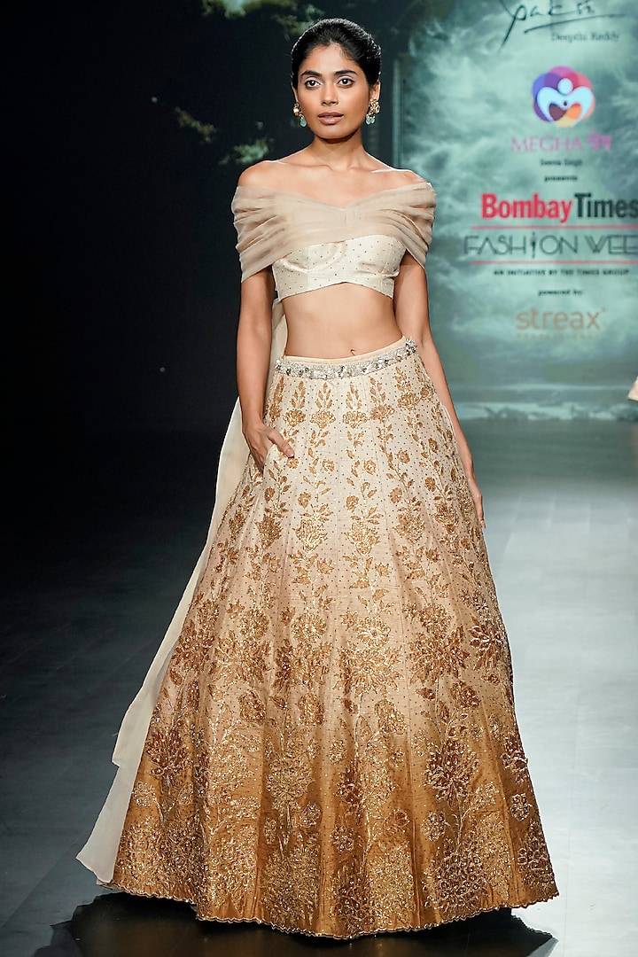 Light Gold Ombre Raw Silk Applique Embroidered Lehenga Set  by Yaksi Deepthi Reddy