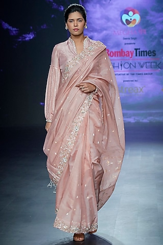 Peach Chanderi Zardosi Embellished Saree Set by Yaksi Deepthi Reddy