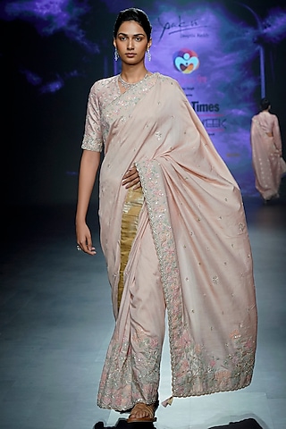 Peach Tussar Floral Applique Embroidered Saree Set by Yaksi Deepthi Reddy
