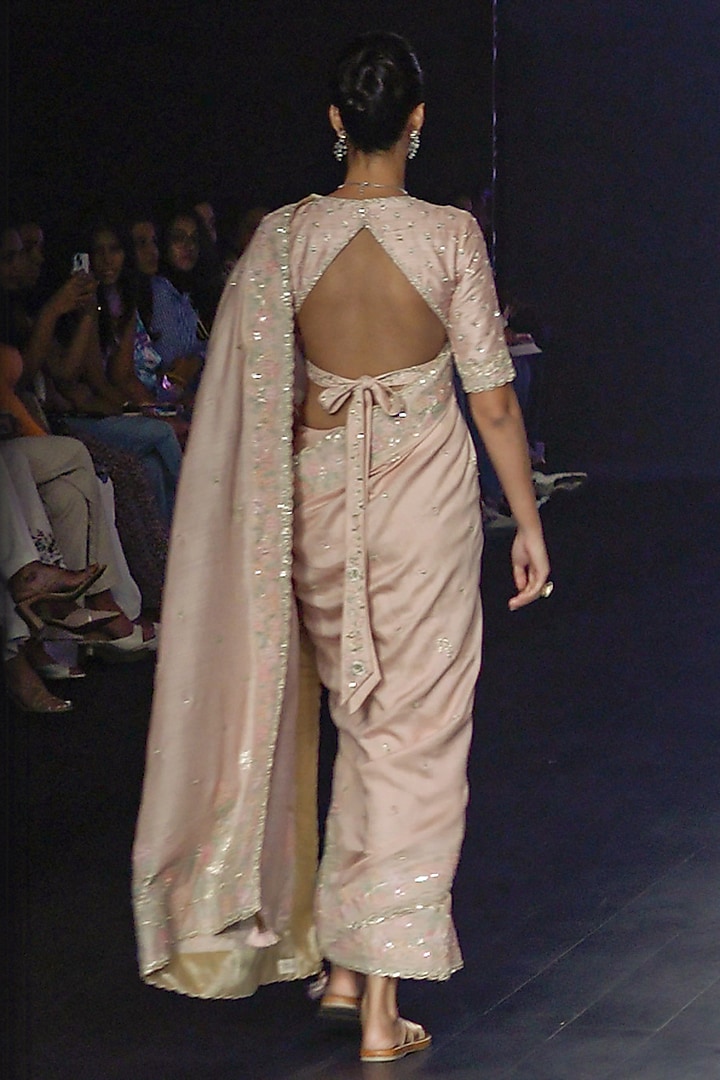 Peach Tussar Floral Applique Embroidered Bridal Saree Set by Yaksi Deepthi Reddy at Pernia's Pop Up Shop