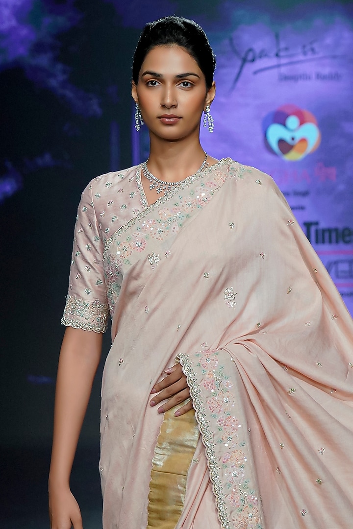 Peach Tussar Floral Applique Embroidered Bridal Saree Set by Yaksi Deepthi Reddy at Pernia's Pop Up Shop