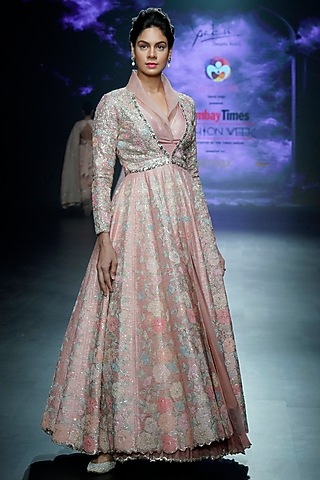 Peach Raw Silk Applique Embroidered Anarkali Lehenga Set by Yaksi Deepthi Reddy
