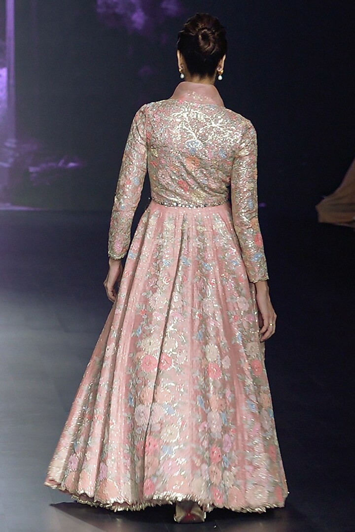 Peach Raw Silk Applique Embroidered Bridal Anarkali Lehenga Set by Yaksi Deepthi Reddy at Pernia's Pop Up Shop