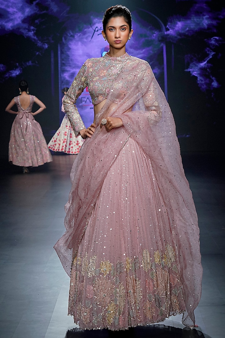 Nude Pink Organza Applique Embellished Pleated Bridal Lehenga Set by Yaksi Deepthi Reddy at Pernia's Pop Up Shop