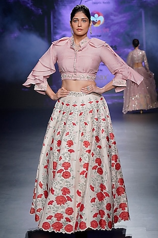 Pastel Peach Raw Silk Applique Embellished Lehenga Set by Yaksi Deepthi Reddy