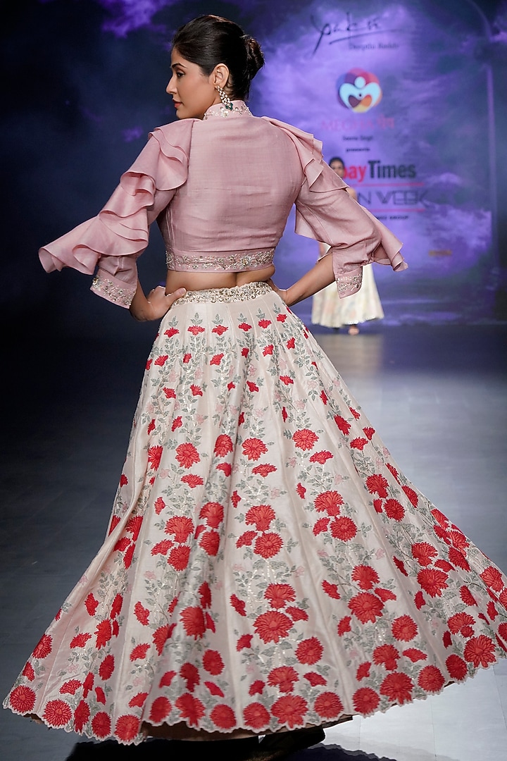 Pastel Peach Raw Silk Applique Embellished Bridal Lehenga Set by Yaksi Deepthi Reddy at Pernia's Pop Up Shop