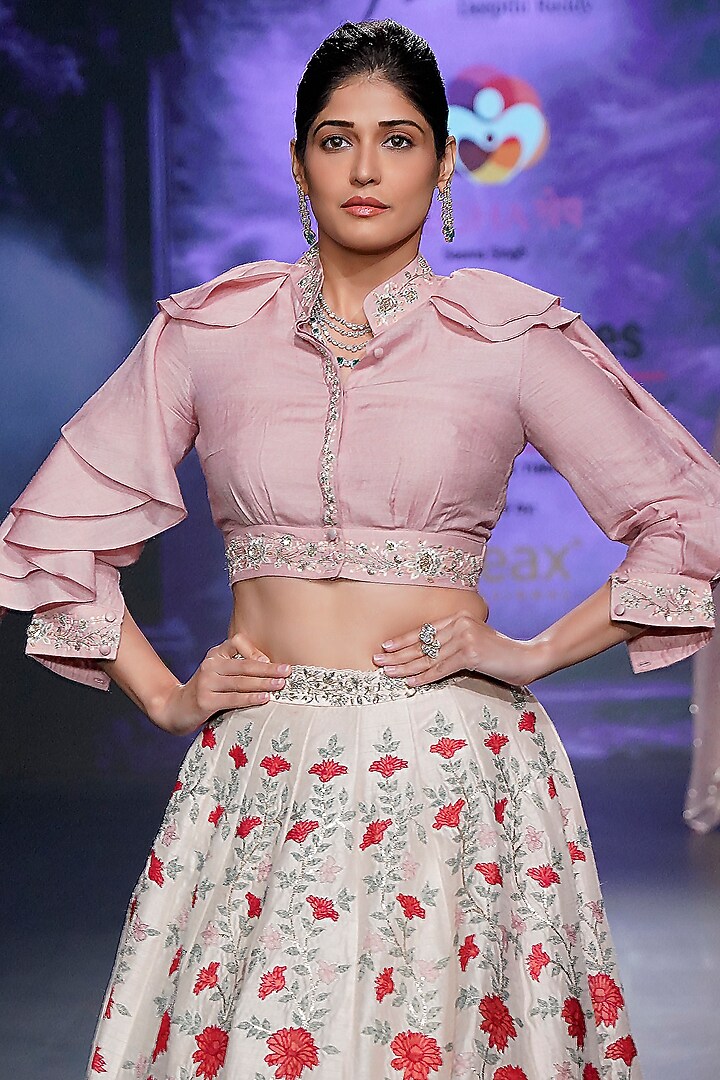 Pastel Peach Raw Silk Applique Embellished Bridal Lehenga Set by Yaksi Deepthi Reddy at Pernia's Pop Up Shop