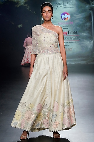 Light Yellow Raw Silk Floral Applique Embellished Sharara Set by Yaksi Deepthi Reddy