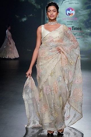 Light Yellow Organza Floral Applique Saree Set by Yaksi Deepthi Reddy