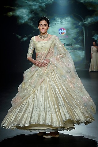 Light Yellow Italian Raw Silk Sequins Embroidered Lehenga Set by Yaksi Deepthi Reddy