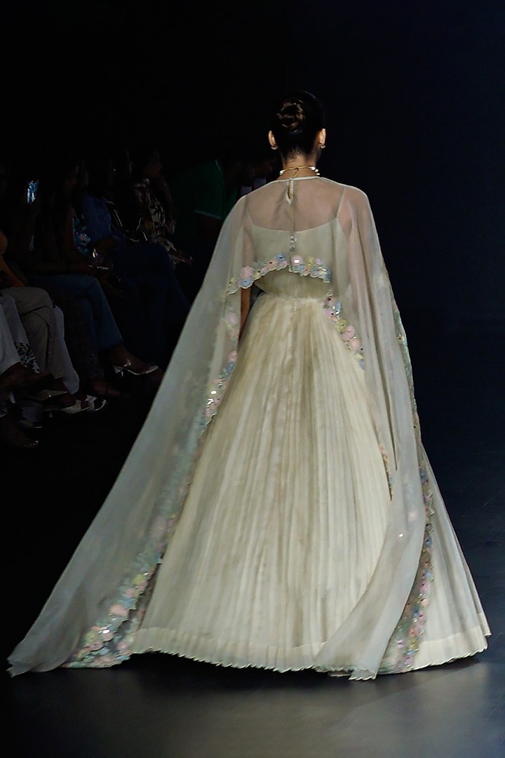 Light Yellow Organza Pleated Wedding Gown With Cape by Yaksi Deepthi Reddy at Pernia's Pop Up Shop