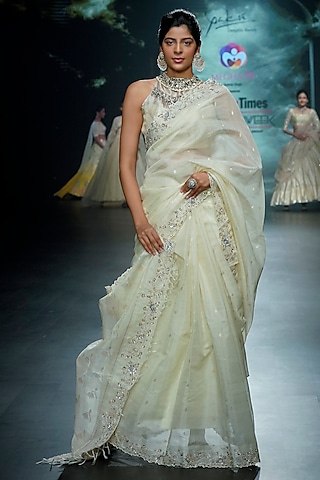 Light Yellow Chanderi Zardosi Embroidered Saree Set by Yaksi Deepthi Reddy