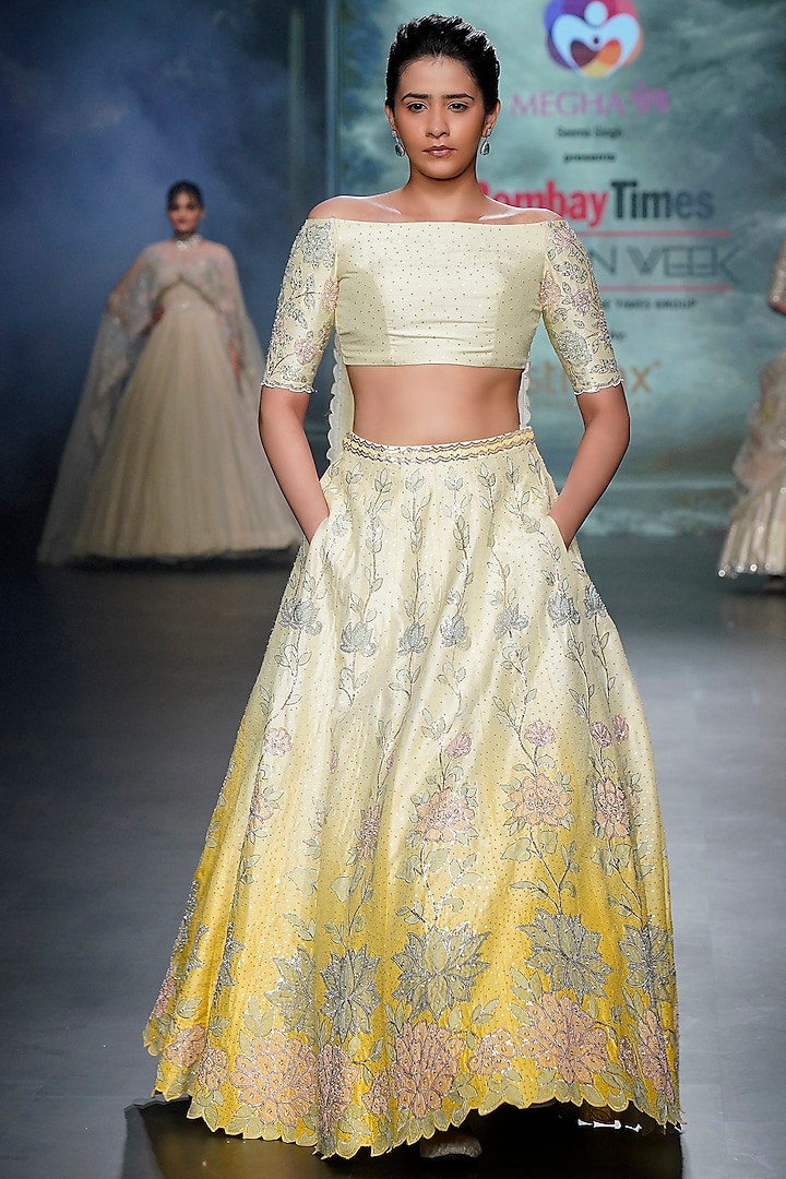 Yellow Ombre Raw Silk Floral Applique Embroidered Lehenga Set by Yaksi Deepthi Reddy