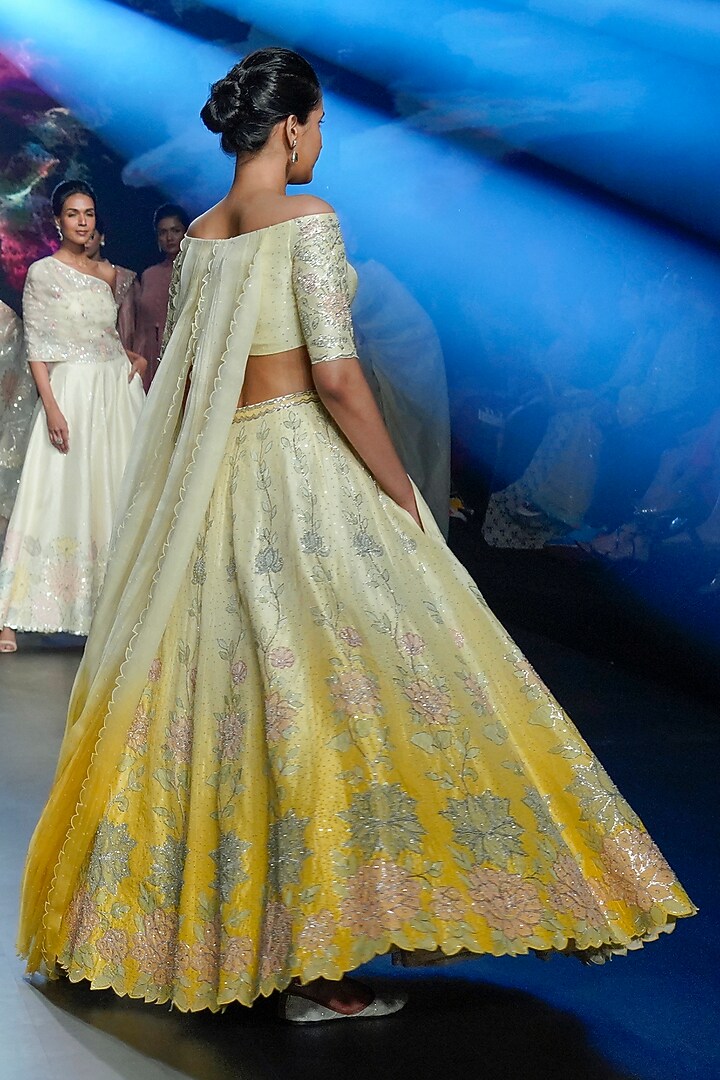 Yellow Ombre Raw Silk Floral Applique Embroidered Bridal Lehenga Set by Yaksi Deepthi Reddy at Pernia's Pop Up Shop