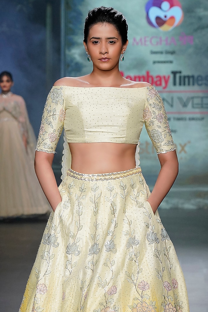 Yellow Ombre Raw Silk Floral Applique Embroidered Bridal Lehenga Set by Yaksi Deepthi Reddy at Pernia's Pop Up Shop