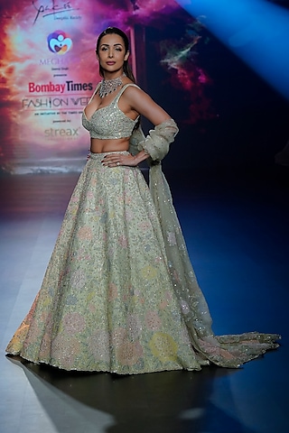 Pastel Green Raw Silk Zardosi Embroidered Lehenga Set by Yaksi Deepthi Reddy