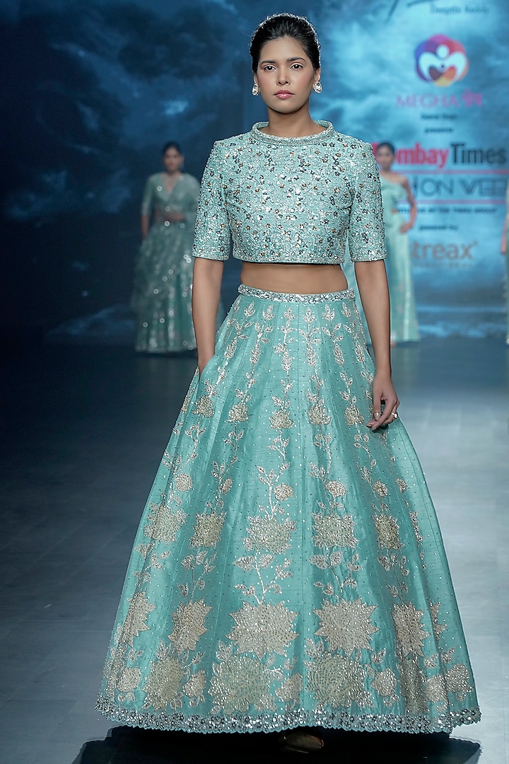 Pastel Blue Raw Silk Floral Applique Embroidered Lehenga Set by Yaksi Deepthi Reddy
