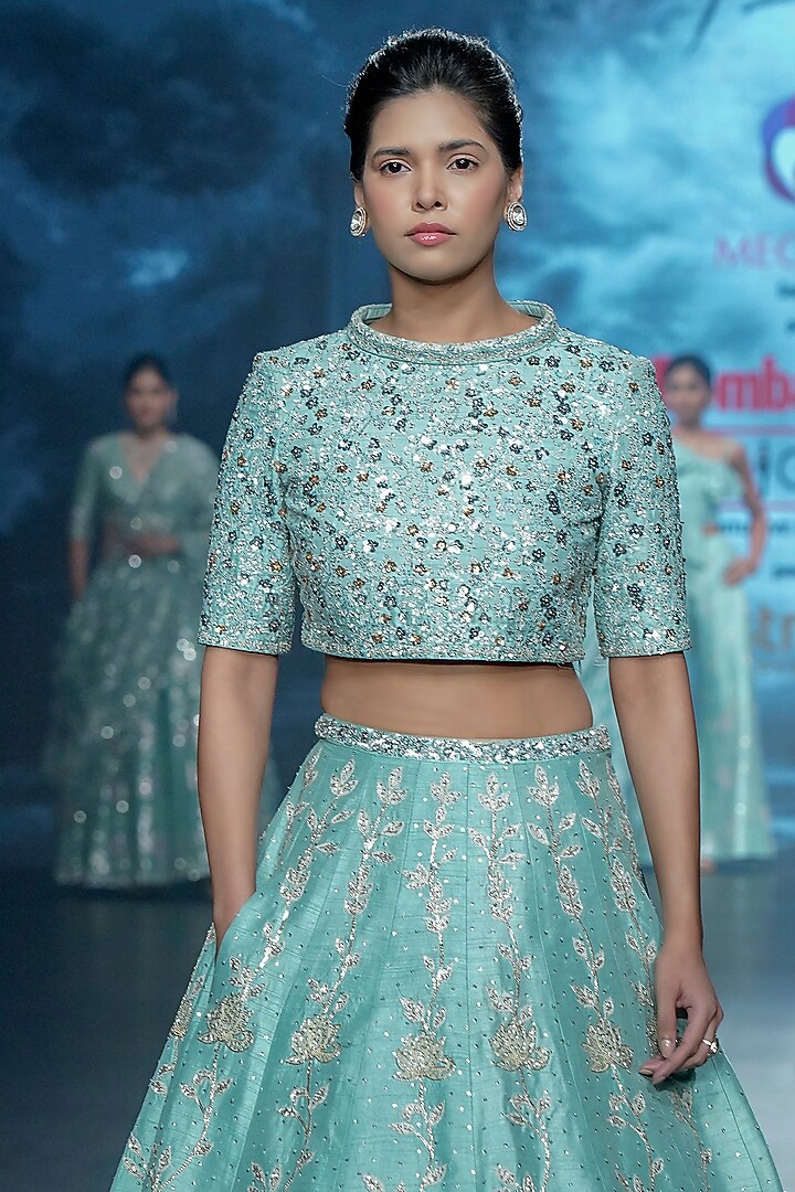 Pastel Blue Raw Silk Floral Applique Embroidered Bridal Lehenga Set by Yaksi Deepthi Reddy at Pernia's Pop Up Shop