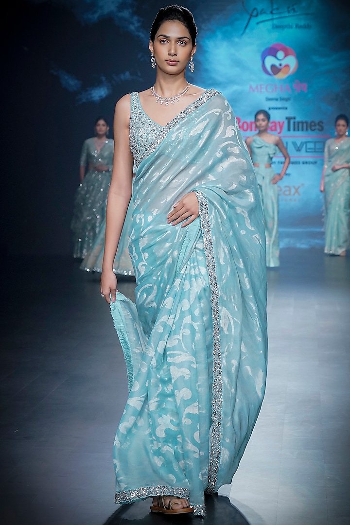 Pastel Blue Chanderi Sequins Embroidered Saree Set by Yaksi Deepthi Reddy