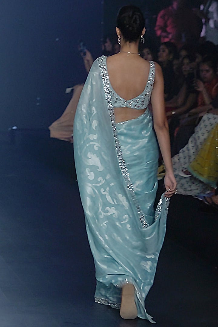 Pastel Blue Chanderi Sequins Embroidered Reception Saree Set by Yaksi Deepthi Reddy at Pernia's Pop Up Shop
