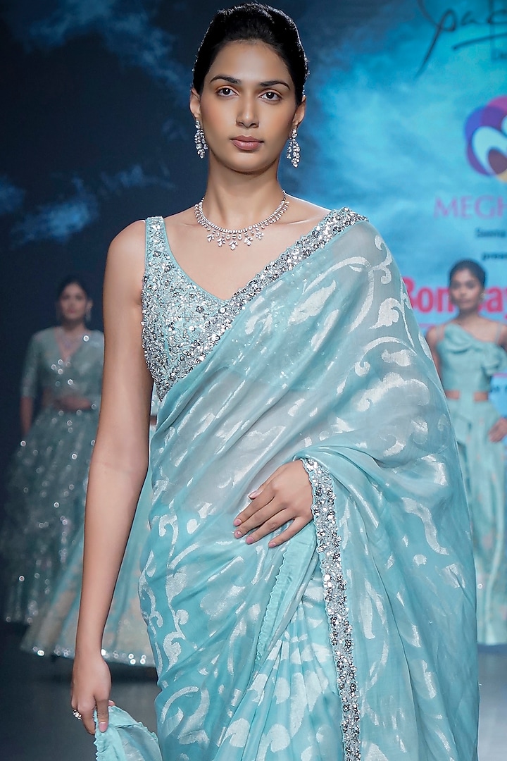 Pastel Blue Chanderi Sequins Embroidered Reception Saree Set by Yaksi Deepthi Reddy at Pernia's Pop Up Shop