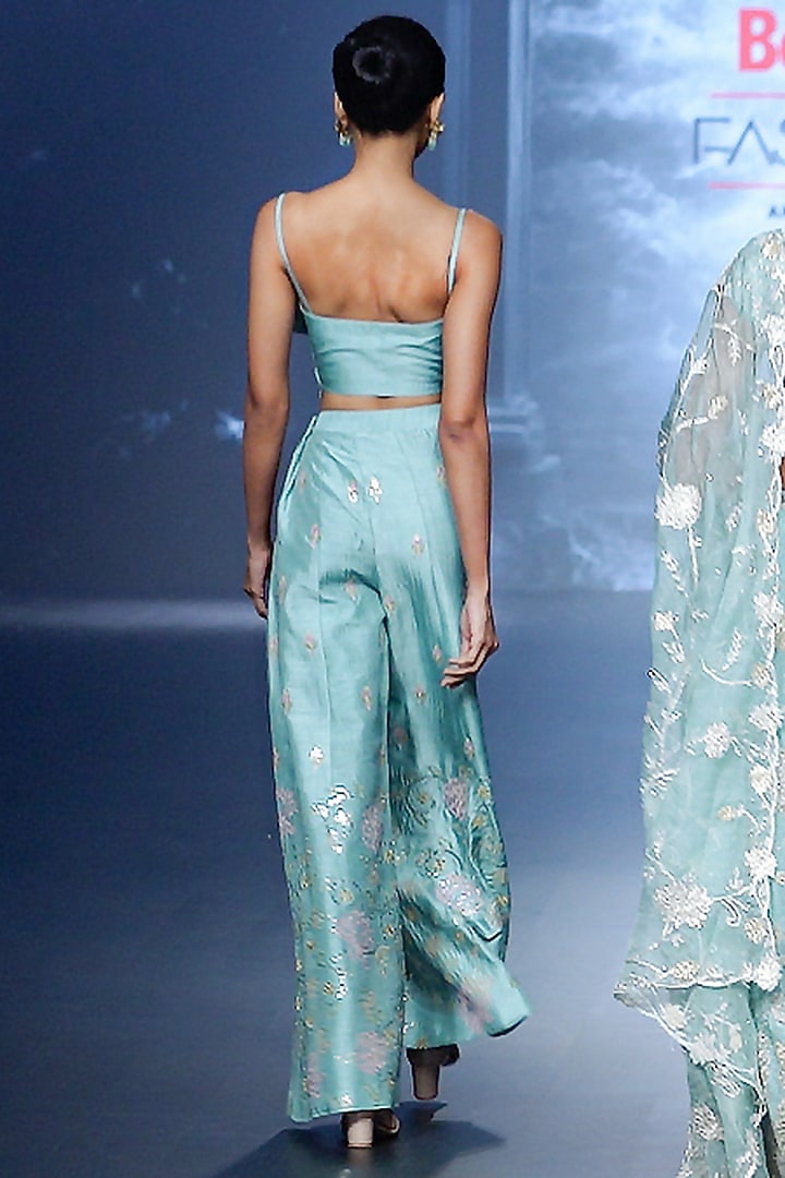 Pastel Blue Raw Silk Mirror Embroidered Palazzo Pant Set by Yaksi Deepthi Reddy at Pernia's Pop Up Shop