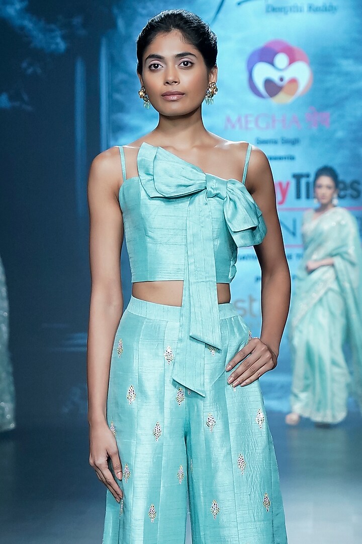 Pastel Blue Raw Silk Mirror Embroidered Palazzo Pant Set by Yaksi Deepthi Reddy at Pernia's Pop Up Shop