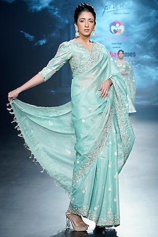 Pastel Blue Chanderi Zardosi Embroidered Saree Set by Yaksi Deepthi Reddy