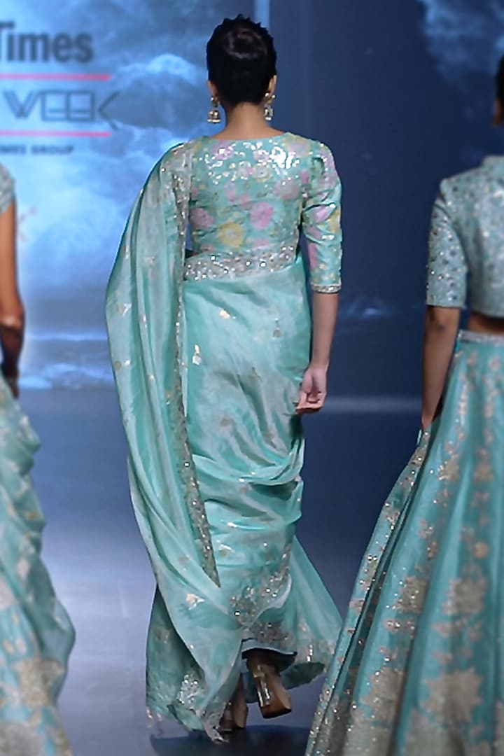 Pastel Blue Chanderi Zardosi Embroidered Reception Saree Set by Yaksi Deepthi Reddy at Pernia's Pop Up Shop