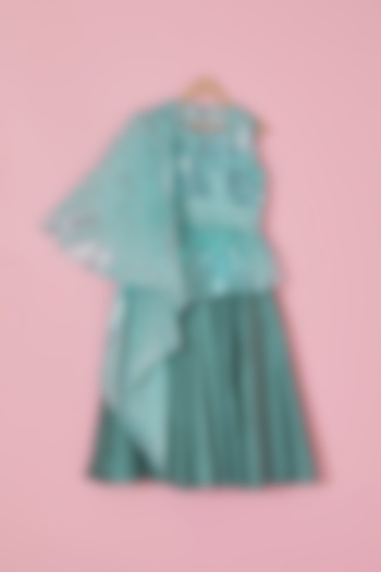 Turquoise Organza & Silk Metallic Striped Flared Gown For Girls by YMKids