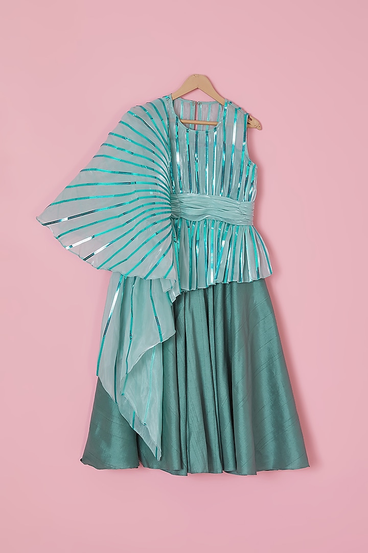 Turquoise Organza & Silk Metallic Striped Flared Gown For Girls by YMKids