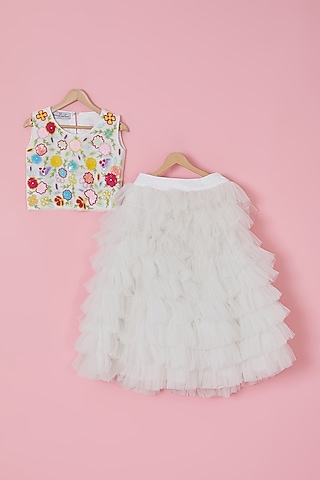White Net Layered Lehenga Set For Girls by YMKids