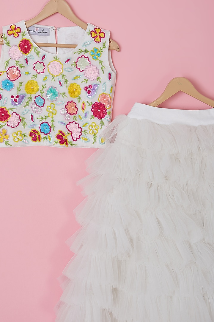 White Net Layered Lehenga Set For Girls by YMKids at Pernia's Pop Up Shop