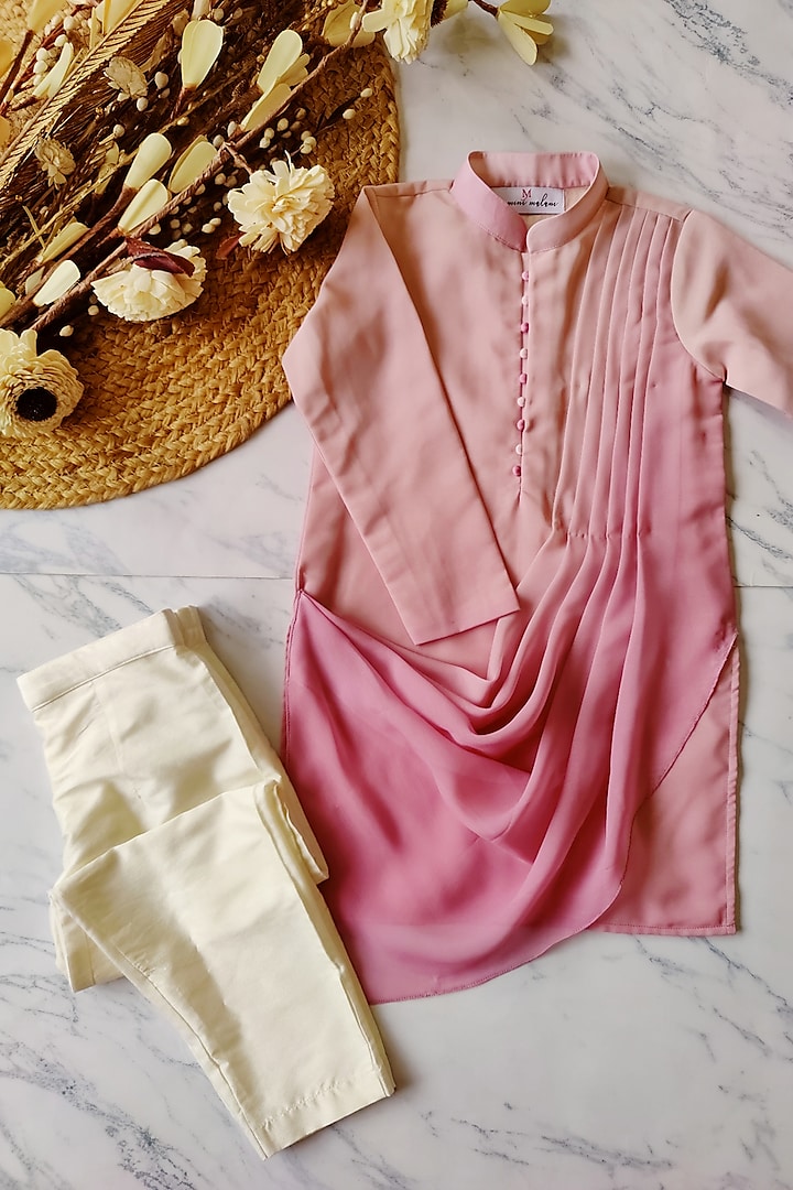 Pink Ombre Satin Georgette Draped Kurta Set For Boys by YMKids at Pernia's Pop Up Shop