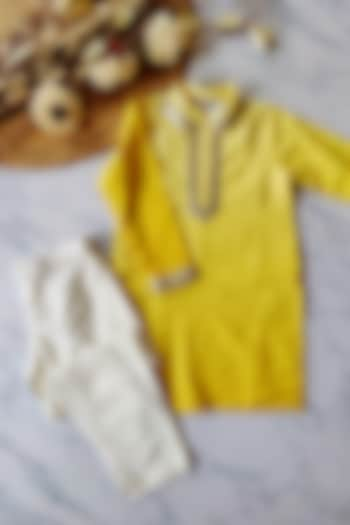 Yellow Ombre Satin Georgette Sequin Lace Kurta Set For Boys by YMKids at Pernia's Pop Up Shop