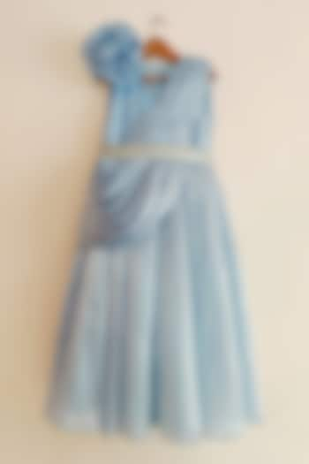 Powder Blue Shimmer Organza Draped Gown Saree For Girls by YMKids at Pernia's Pop Up Shop