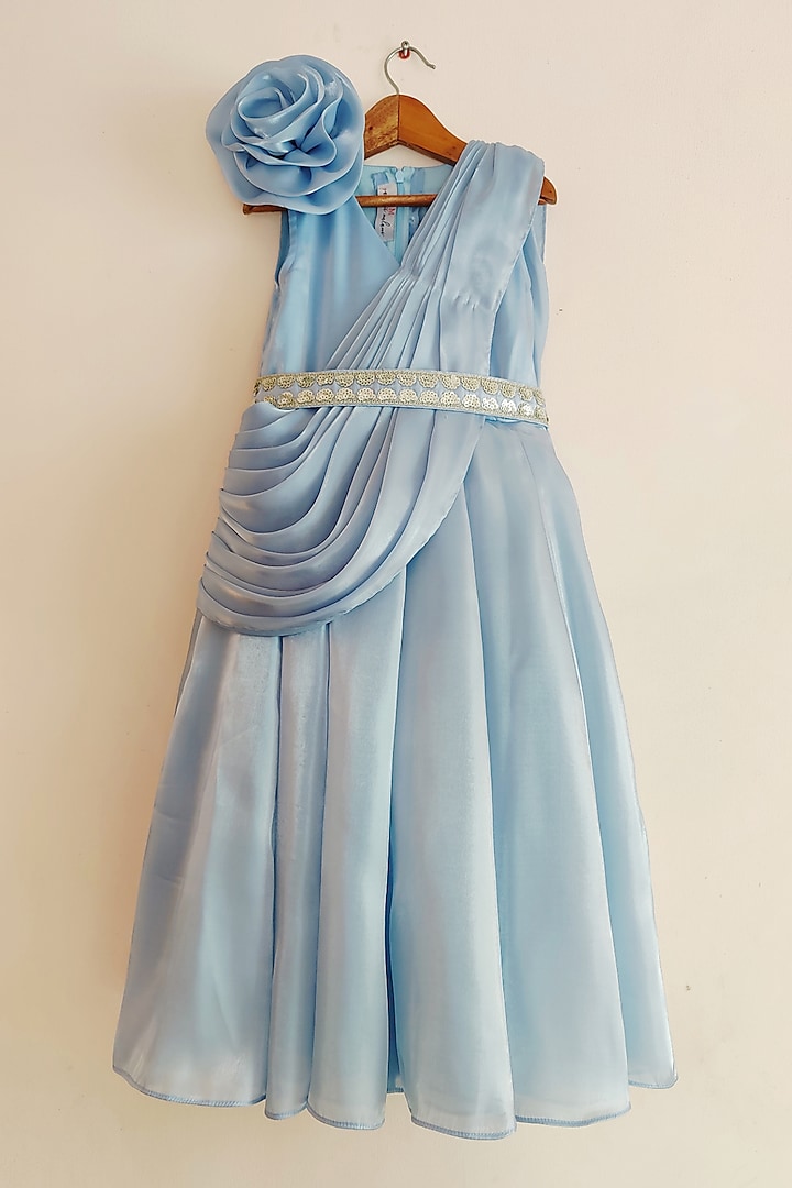 Powder Blue Shimmer Organza Draped Gown Saree For Girls by YMKids at Pernia's Pop Up Shop