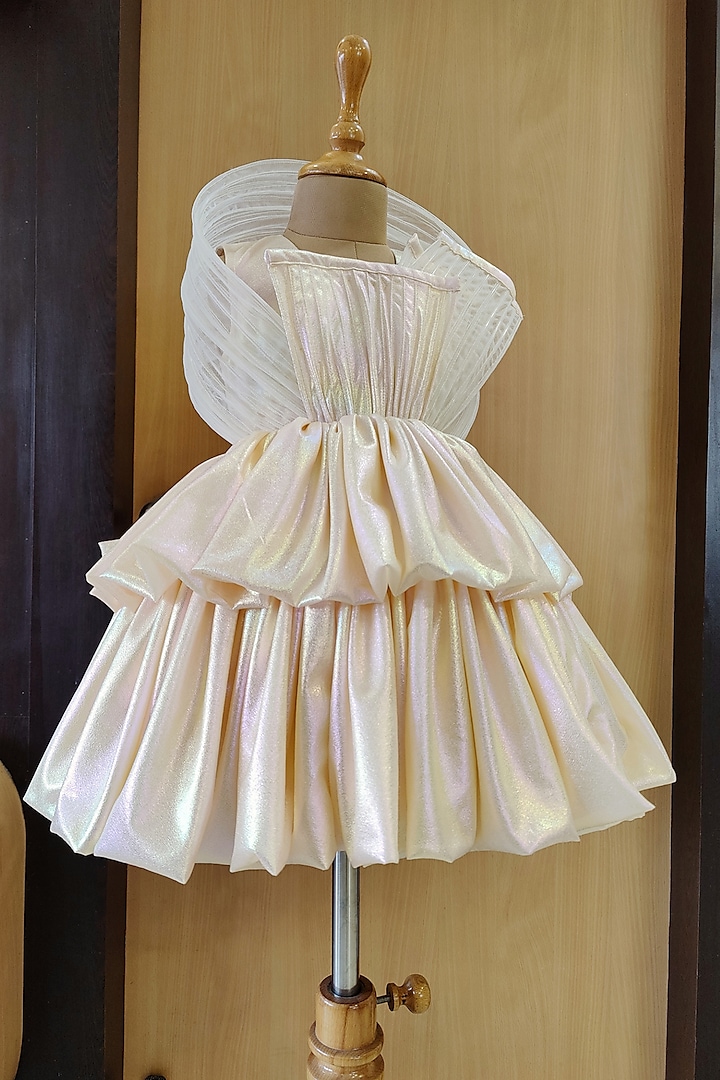 Butter Yellow Shimmer Georgette Layered Dress For Girls by YMKids at Pernia's Pop Up Shop