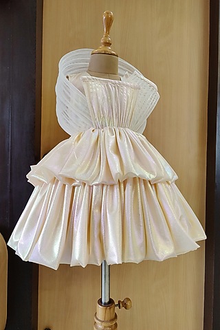 Butter Yellow Shimmer Georgette Layered Dress For Girls by YMKids