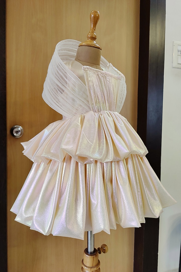 Butter Yellow Shimmer Georgette Layered Dress For Girls by YMKids at Pernia's Pop Up Shop