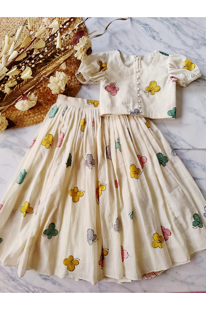 Off-White Pure Cora Cotton Butterfly Embroidered Co-Ord Set For Girls by YMKids at Pernia's Pop Up Shop