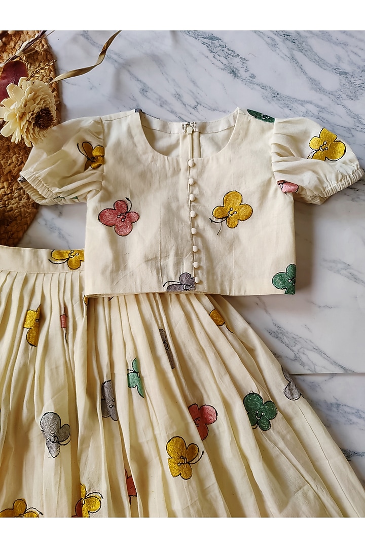 Off-White Pure Cora Cotton Butterfly Embroidered Co-Ord Set For Girls by YMKids at Pernia's Pop Up Shop