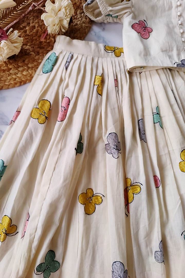 Off-White Pure Cora Cotton Butterfly Embroidered Co-Ord Set For Girls by YMKids at Pernia's Pop Up Shop