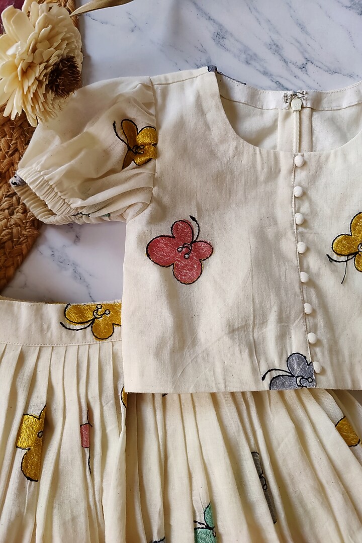 Off-White Pure Cora Cotton Butterfly Embroidered Co-Ord Set For Girls by YMKids at Pernia's Pop Up Shop